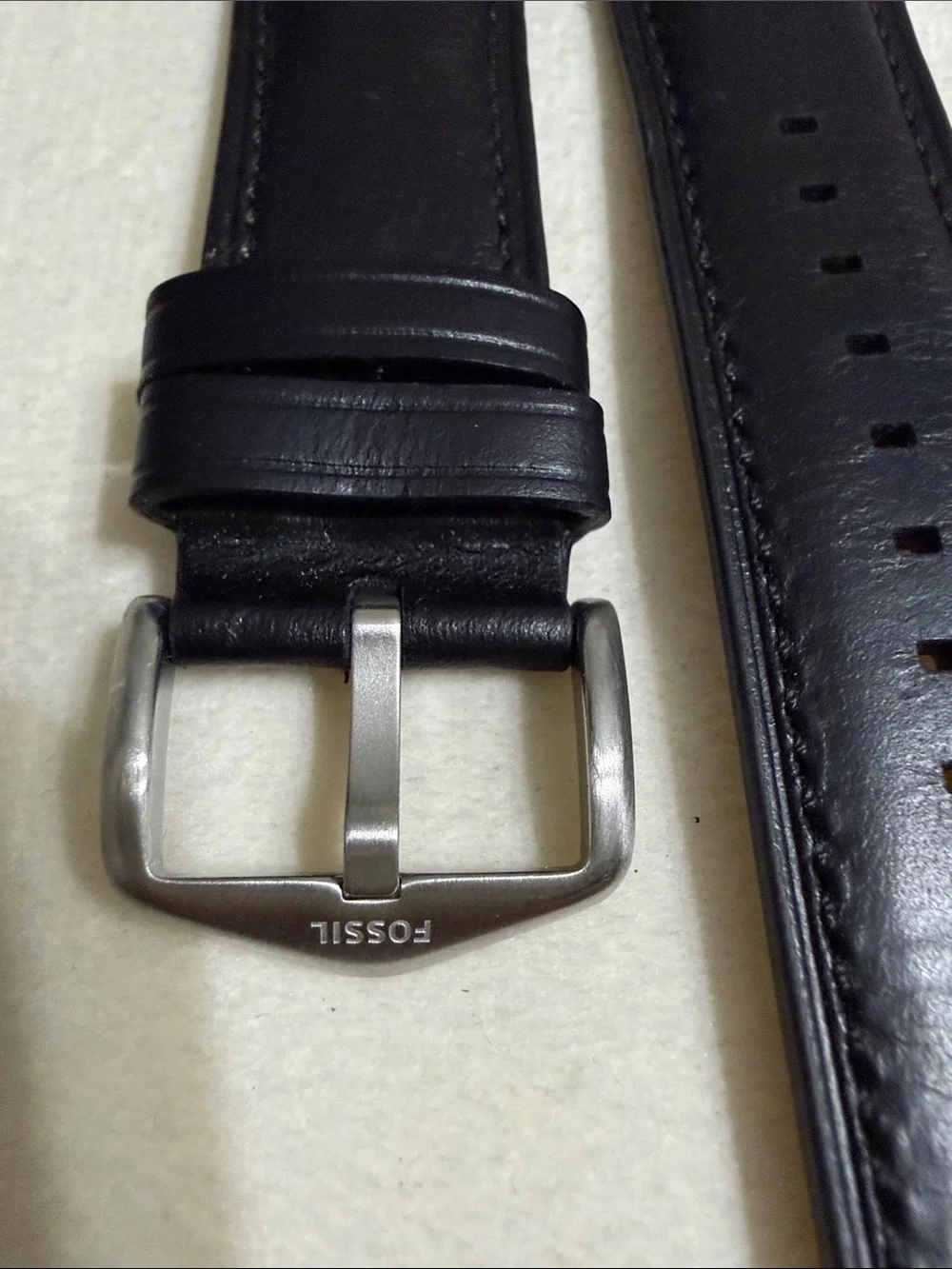22mm Fossil Black Leather Watch Strap with Silver Buckle